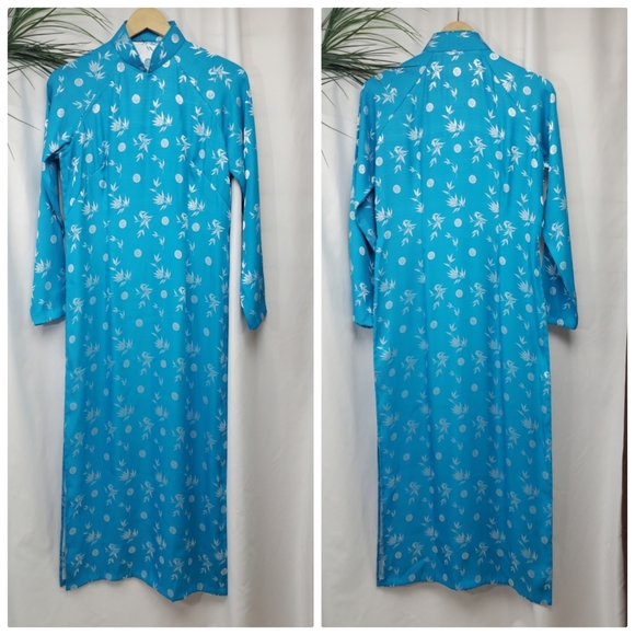 Aqua Blue and Silver Floral Cheongasm Maxi Long Sleeve Dress - Picture 13 of 15
